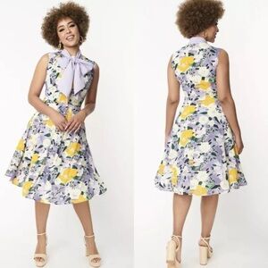 NWT Unique Vintage Purple and Yellow Floral Sleeveless Swing Dress Sz 3X